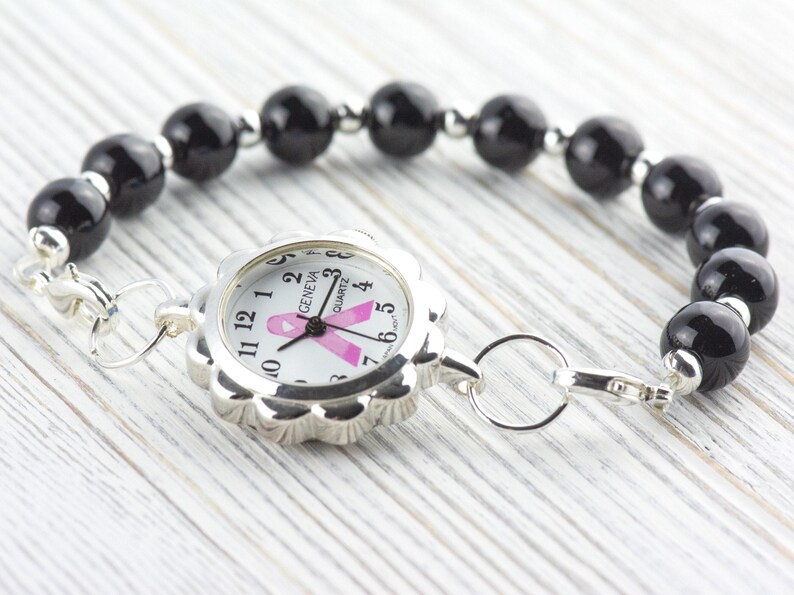 Pink Ribbon Silvertone Flower Watch Face • White Dial • DIY Beading Watch • Jewelry Making • Analog • Loops and Battery Included image 5