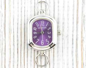 Purple Dial Silvertone Rectangle Watch Face • DIY Beading Watch • Jewelry Making • Analog • Loops and Battery Included