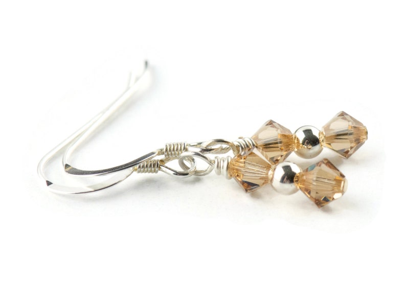 May include: Silver dangle earrings with brown crystal beads and silver beads.