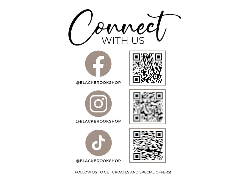 Pu&ograve; includere: Connettiti con noi sui social media. Una grafica con i loghi di Facebook, Instagram e TikTok e codici QR per ogni piattaforma. Il testo "@BLACKBROOKSHOP" &egrave; sotto ogni logo. Il testo "FOLLOW US TO GET UPDATES AND SPECIAL OFFERS!" &egrave; in fondo alla grafica.