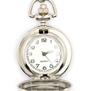 Porcelana con estampado de bicicleta, Collar de reloj de bolsillo Silvertone, Reloj de collar de cadena, Reloj de collar largo, Collar de medallón de reloj imagen 3