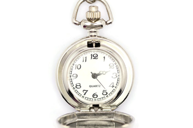 Porcelana con estampado de bicicleta, Collar de reloj de bolsillo Silvertone, Reloj de collar de cadena, Reloj de collar largo, Collar de medallón de reloj imagen 3