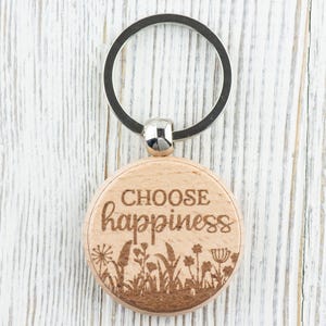 Inspirational Quotes Natural Wood Keychain • Laser-Engraved Stainless Steel Keyring • Double-Sided Choose Happiness