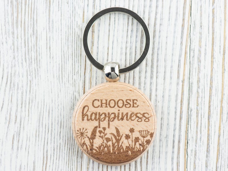 Inspirational Quotes Natural Wood Keychain • Laser-Engraved Stainless Steel Keyring • Double-Sided Choose Happiness
