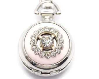 Pink Enamel Sundial, Silvertone Pocket Watch Necklace, Chain Necklace Watch, Long Necklace Watch, Watch Locket Necklace
