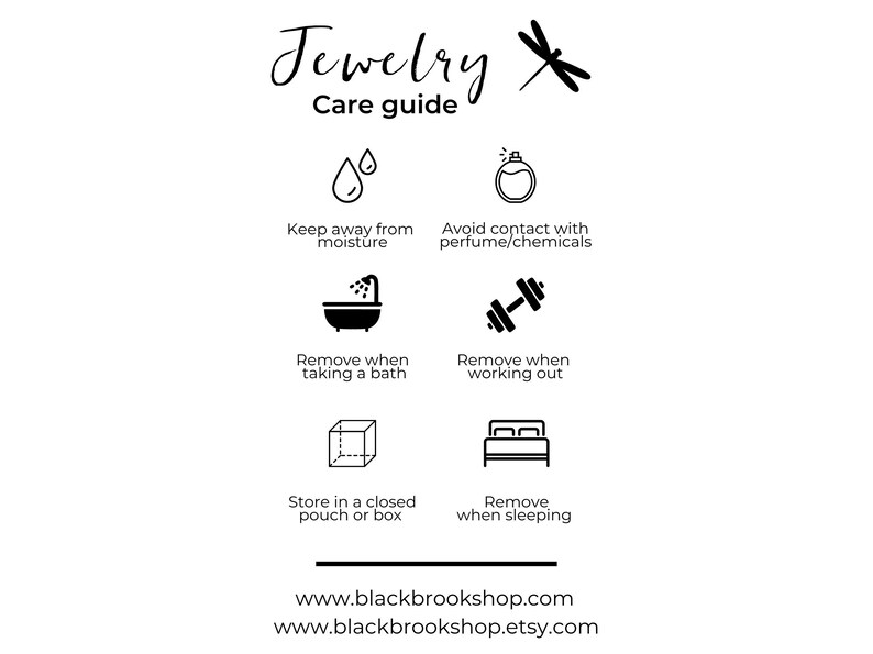 May include: A white graphic with the text "Jewelry Care guide" and icons illustrating jewelry care tips. The tips include avoiding moisture and chemicals, removing jewelry when bathing, working out, and sleeping, and storing in a closed pouch or box.
