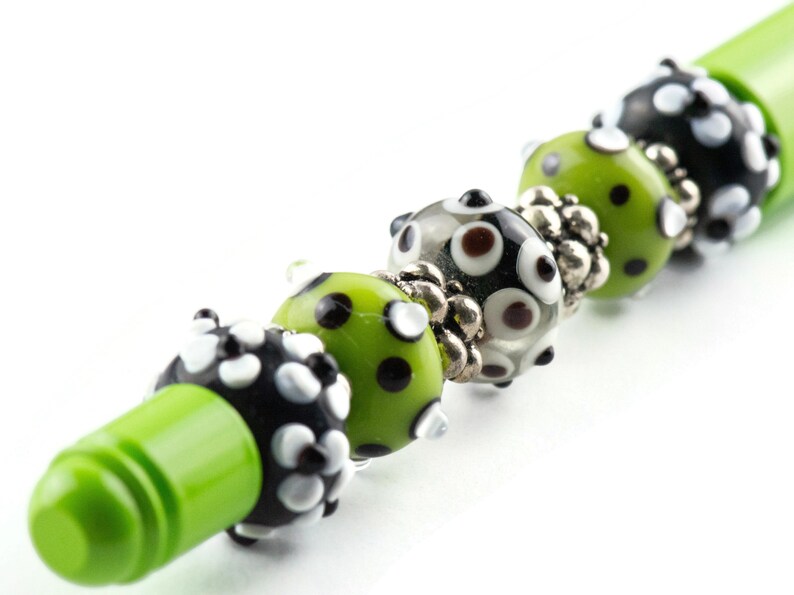 Lime Green Beaded Metal Ballpoint Pen with Lampwork Glass Beads image 4