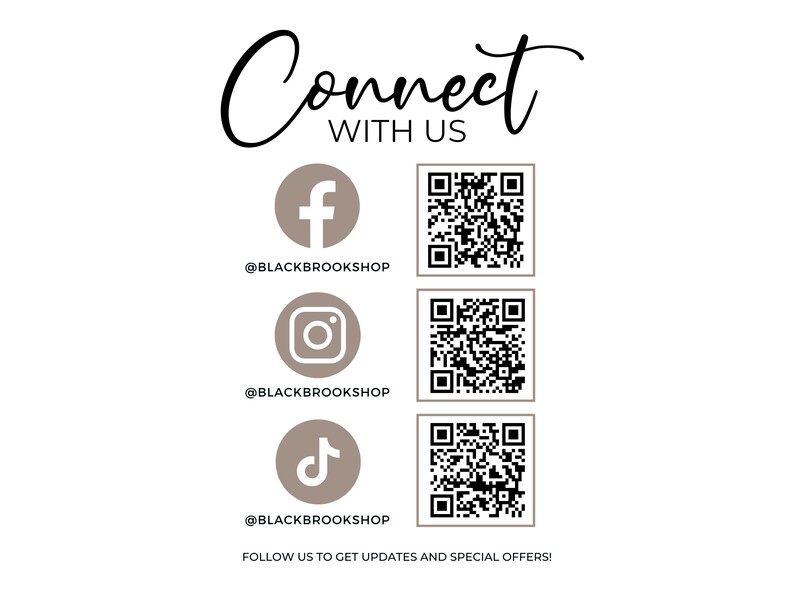 May include: A graphic with the text "Connect with us" and social media icons for Facebook, Instagram, and TikTok. Each icon has a corresponding QR code.