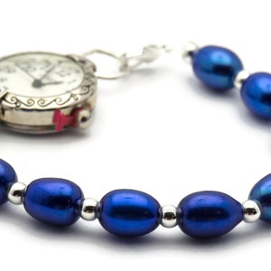 Sapphire Blue Freshwater Pearl Watch Band, Medical ID Bracelet • Handmade Watch Band • Stretch Watch Band image 5