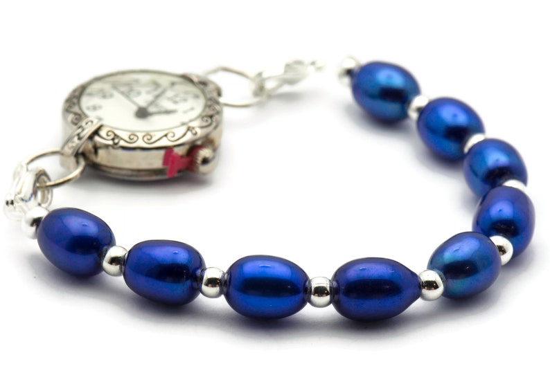 Sapphire Blue Freshwater Pearl Watch Band, Medical ID Bracelet • Handmade Watch Band • Stretch Watch Band image 5