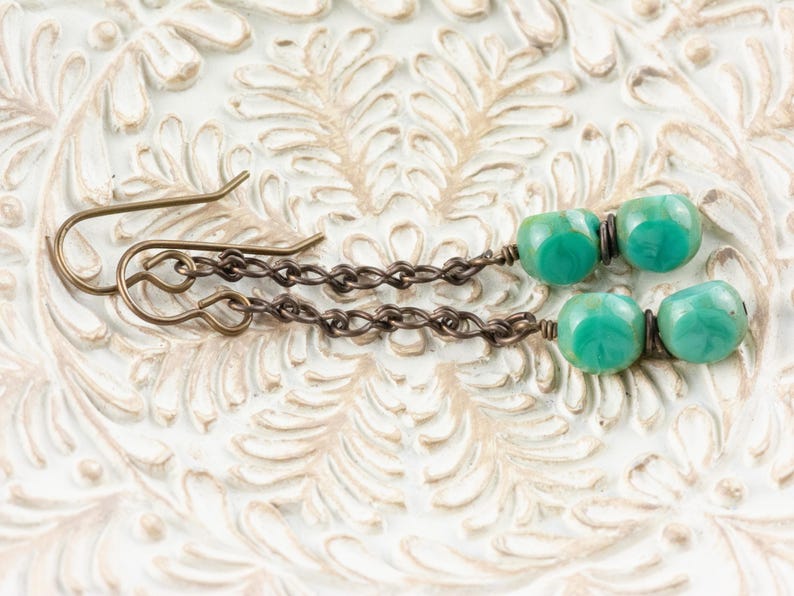 Aqua Blue Glass & Brass Earrings • Earthy Boho Jewelry • Nature-Inspired Handmade Earrings • Jewelry Gift • Nickel-free • Lead-free image 6