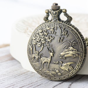 Woodland Bronze Pocket Watch Long Necklace / Unique Watches / Nature Inspired Jewelry / Large Pocket Watch