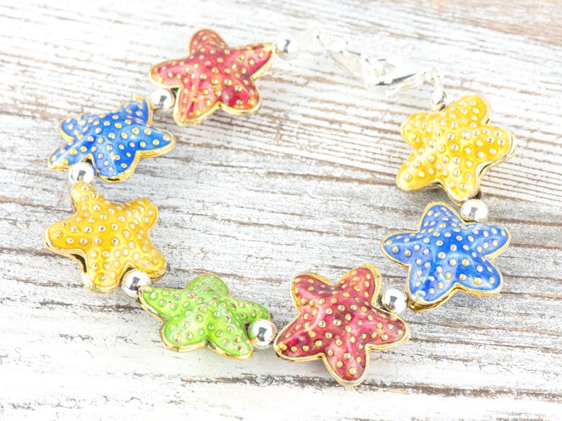 Correa de reloj con cuentas elásticas intercambiables de mezcla de estrellas de mar cloisonné • Pulsera de identificación médica • Correa de una sola hebra • Joyería de verano hecha a mano imagen 5