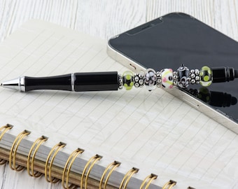 Floral Pop Black Stylus Pen, Fancy Beaded Metal Ballpoint Pen, Coworker Gift Idea