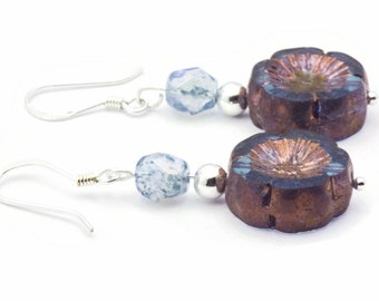 Flower Cute Earrings, Blue Boho Earrings, Czech Glass Earrings, Sterling Silver Earrings, Unique Boho, Earrings Floral