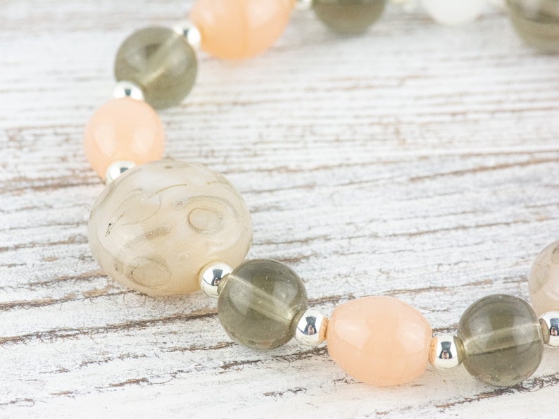 Peach and Olive Chunky Glass Beaded Stretch Bracelet / Handmade Jewelry / Boho Style image 2