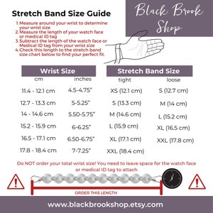 May include: A chart with instructions on how to measure your wrist for a stretch band. The chart includes measurements in inches and centimeters. The chart also includes a size guide for stretch bands in XS, S, M, L, XL, XXL.