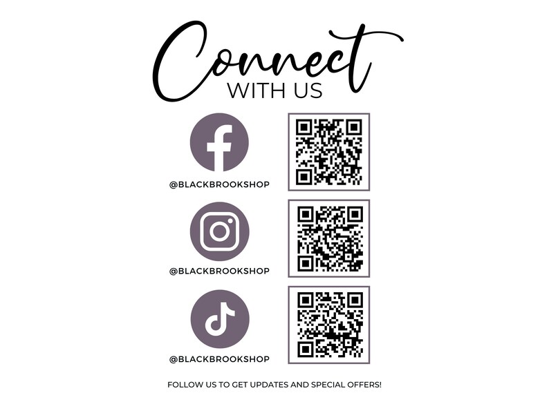 May include: Connect with us on social media.  Follow us on Facebook, Instagram, and TikTok.  Scan the QR codes to access our social media pages.
