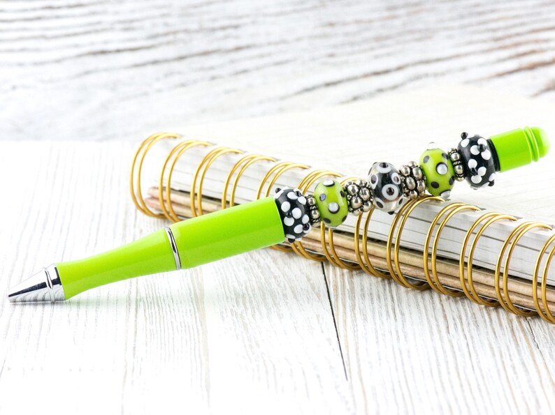 Lime Green Beaded Metal Ballpoint Pen with Lampwork Glass Beads image 2