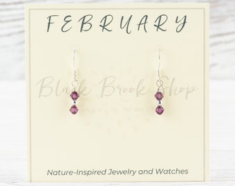 Örhängen med födelsesten i februari, örhängen i februarigåva, örhängen med ametist, minimalistiska Swarovski-örhängen