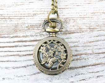 Floral Butterfly Bronze Pocket Watch Long Necklace / Unique  display picture 1