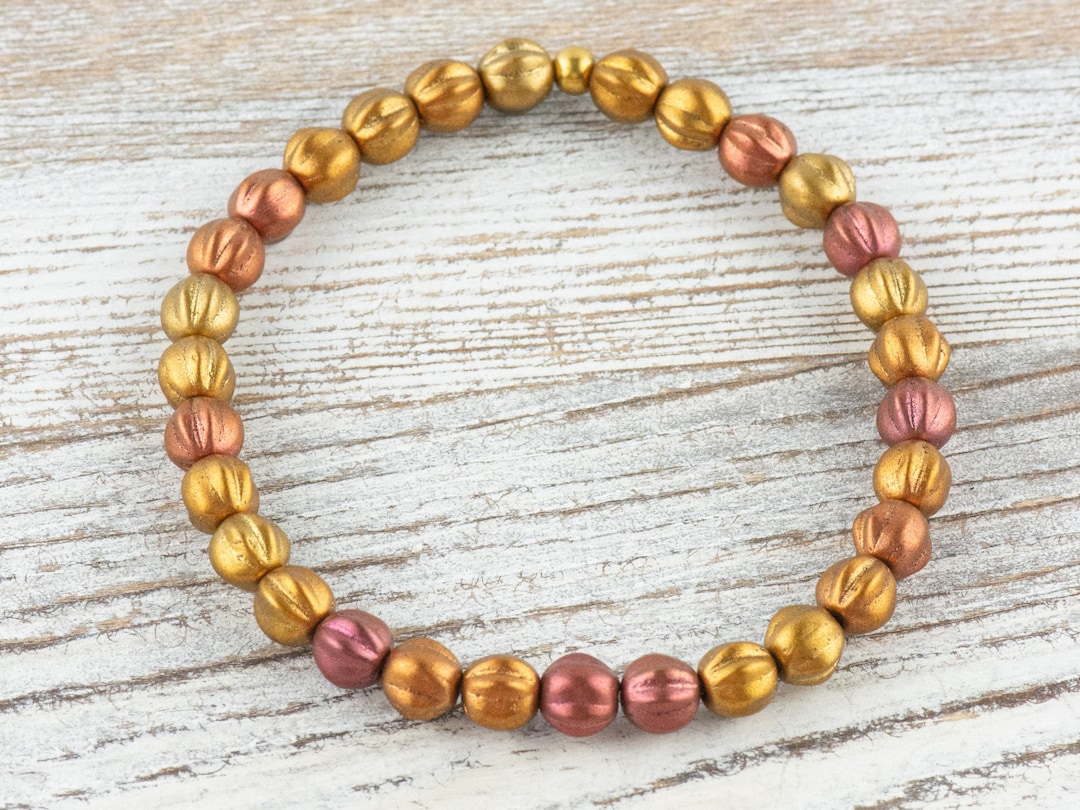 Autumn Copper Czech Glass Beaded Stretch Bracelet • Fall Jewelry