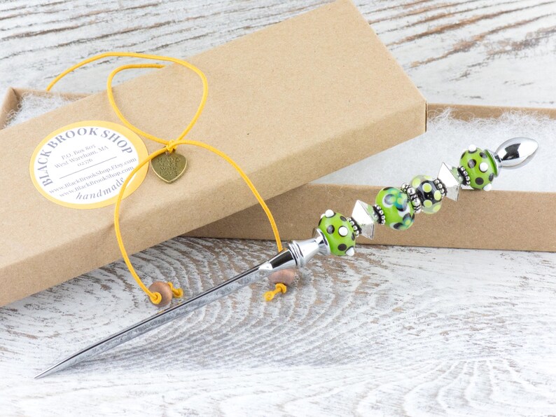 Green and Silver Glass Beaded Silver Letter Opener • Paper Knife • Desk Accessory image 8