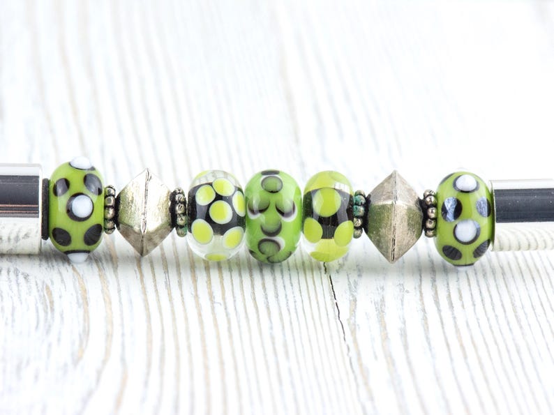 Green and Silver Beaded Metal Ballpoint Pen with Lampwork Glass Beads • Refillable image 1