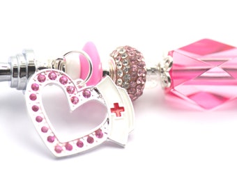 Love a Nurse Beaded Pen, Pink Pen, Rhinestone Heart, Nurse Gift, Red Cross