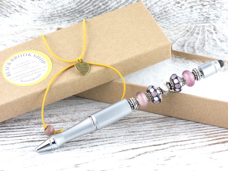 Lilac Love Beaded Silver Stylus Pen • Lampwork Glass Beads • Metal Ballpoint image 6