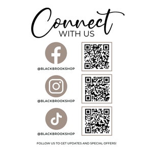 May include: Connect with us on social media.  The image shows icons for Facebook, Instagram, and TikTok, along with QR codes to scan for each platform.  The text "@BLACKBROOKSHOP" is shown below each icon.