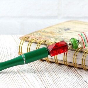 Red and Green Christmas Beaded Metal Ballpoint Pen with Lampwork Glass Beads • Black Ink (Extra Refill) image 3