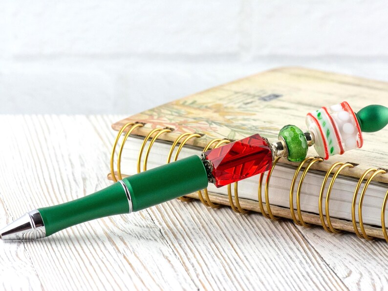 Red and Green Christmas Beaded Metal Ballpoint Pen with Lampwork Glass Beads • Black Ink (Extra Refill) image 3