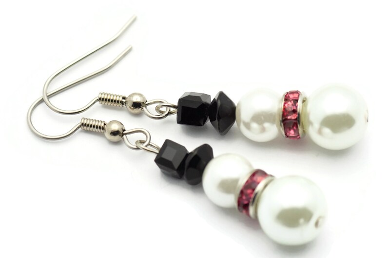 Snowman Earrings, White Snowmen, Surgical Steel, Snow Woman, Winter Jewelry, Pink Scarf, Holiday Earrings, Christmas Earrings, Snow Love image 4