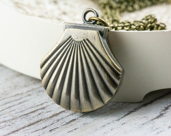 Seashell Bronze Pocket Watch Long Necklace / Unique Watches / Ocean Theme Jewelry
