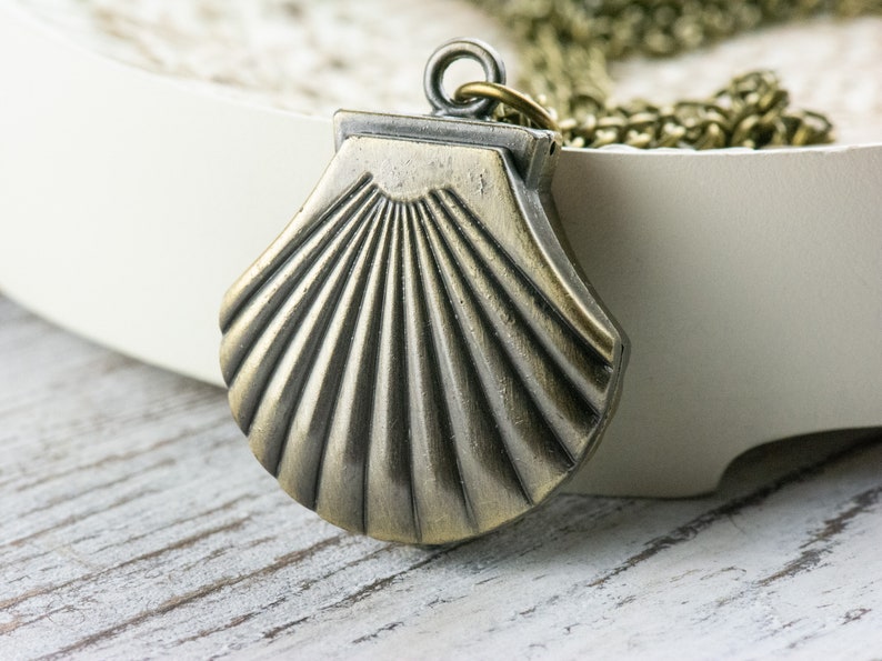 May include: A bronze seashell pendant necklace with a detailed, textured design. The pendant is attached to a bronze chain.