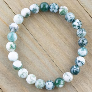 May include: A green and white agate gemstone bracelet with round beads. The bracelet is made of natural stones and has a unique pattern.
