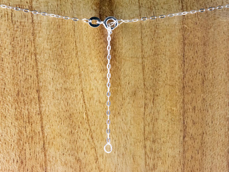 Pu&ograve; includere: Una collana a catena d'argento con chiusura a moschettone. La catena &egrave; su una superficie di legno.