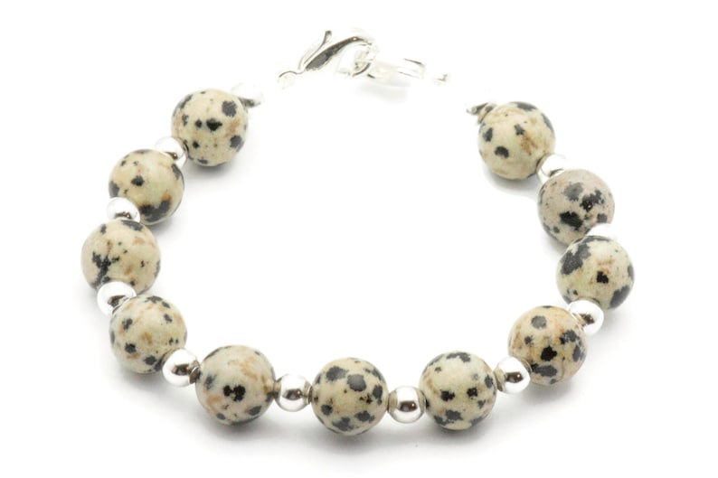 May include: A bracelet made with dalmatian jasper beads and silver accents.