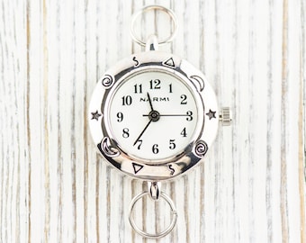 Celestial Silvertone Round Watch Face • White Dial • DIY Beading Watch • Jewelry Making • Analog • Loops and Battery Included