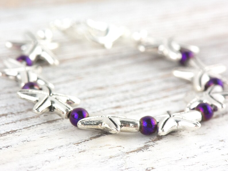 Purple Starfish Interchangeable Stretch Beaded Watch Band • Medical ID Bracelet • Single Strand • Handmade Jewelry image 2