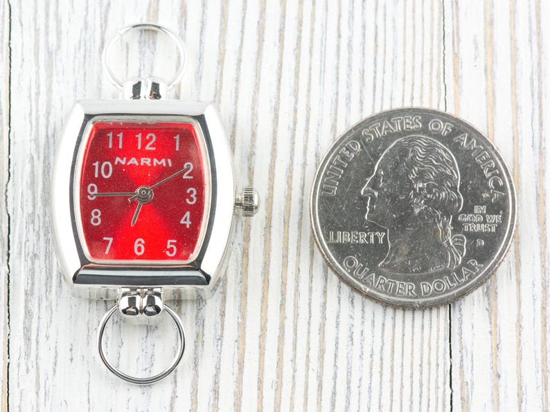 Red Dial Silvertone Square Rectangle Watch Face • DIY Beading Watch • Jewelry Making • Analog • Loops and Battery Included image 4