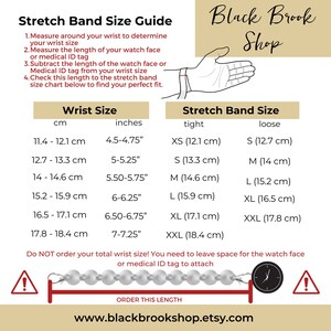 Puede incluir: Un gr&aacute;fico con instrucciones sobre c&oacute;mo medir tu mu&ntilde;eca para una banda el&aacute;stica. El gr&aacute;fico incluye medidas en pulgadas y cent&iacute;metros, y enumera los tama&ntilde;os de banda correspondientes en XS, S, M, L, XL, XXL. El gr&aacute;fico tambi&eacute;n incluye un diagrama que muestra c&oacute;mo medir la longitud de la esfera de un reloj o una etiqueta de identificaci&oacute;n m&eacute;dica.