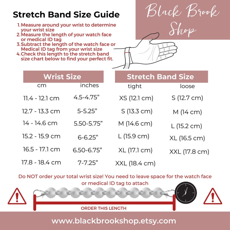 K&ouml;nnte beinhalten: Eine Tabelle mit Anweisungen, wie man sein Handgelenk f&uuml;r ein Stretchband misst. Die Tabelle enth&auml;lt Ma&szlig;e in Zoll und Zentimetern und listet die entsprechenden Bandgr&ouml;&szlig;en in XS, S, M, L, XL, XXL auf. Die Tabelle tr&auml;gt den Titel "Stretch Band Size Guide" und wird von einem Diagramm begleitet, das zeigt, wie man sein Handgelenk misst.