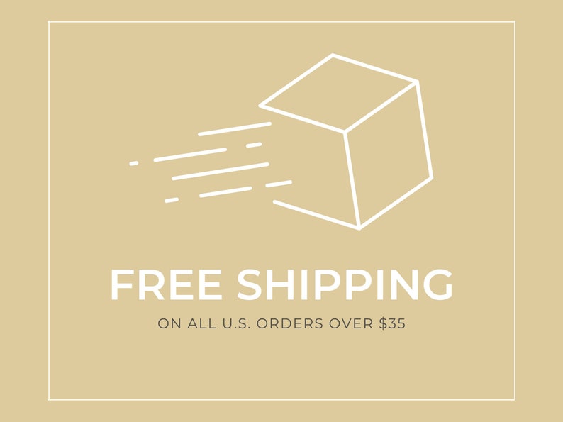 K&ouml;nnte beinhalten: Eine wei&szlig;e Linienzeichnung einer Box mit einer diagonalen Linie, die sie durchschneidet, symbolisiert schnellen Versand. Der Text "FREE SHIPPING" befindet sich unter der Box, und der Text "ON ALL U.S. ORDERS OVER $35" darunter.