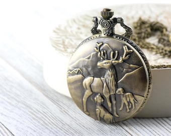 Reindeer Bronze Pocket Watch Long Necklace / Unique Watches / Nature-Inspired Jewelry / Large Pocket Watch