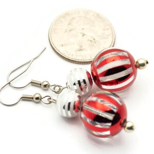 Striped Ornament, Red and Silver, Christmas Ornament, Glass Globe, Surgical Steel, Holiday Earrings, Christmas Earrings image 5