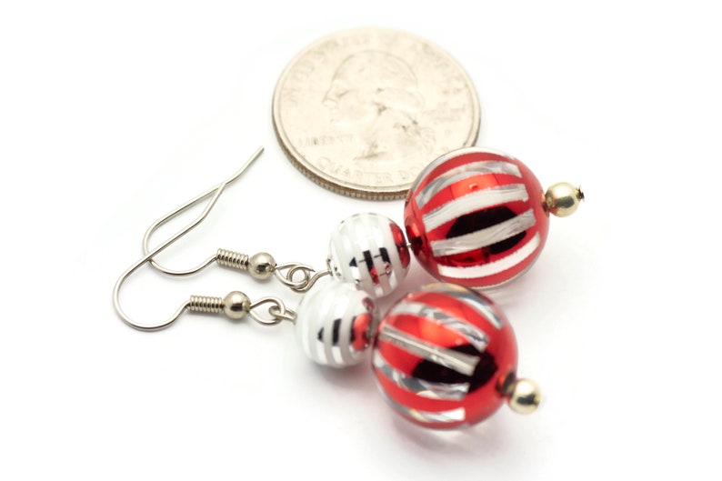 Striped Ornament, Red and Silver, Christmas Ornament, Glass Globe, Surgical Steel, Holiday Earrings, Christmas Earrings image 5