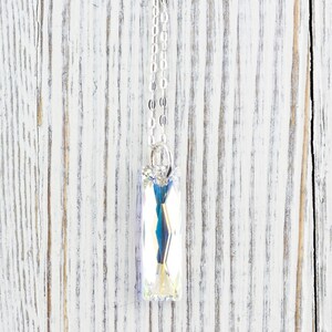 Pu&ograve; includere: Una collana con catena d'argento con un ciondolo di cristallo rettangolare trasparente.