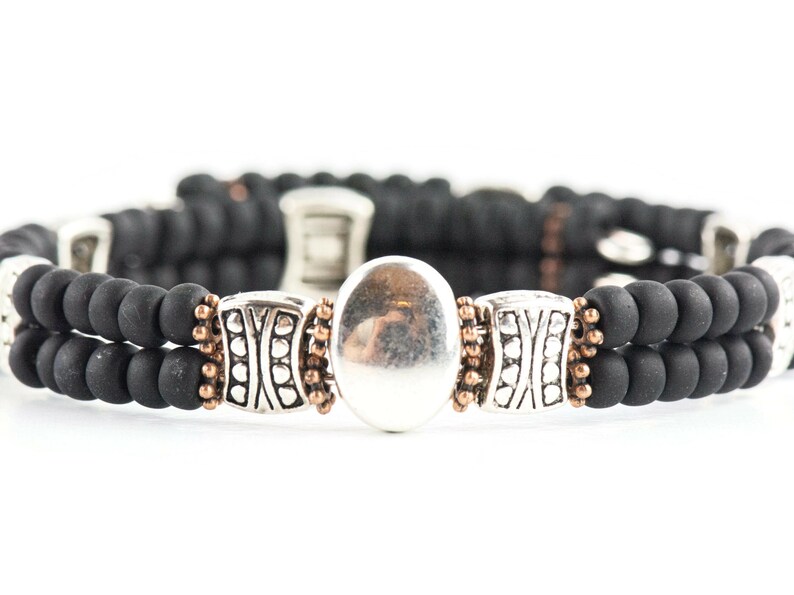 Button and Bows Jet Black Cuff Memory Wire Bracelet